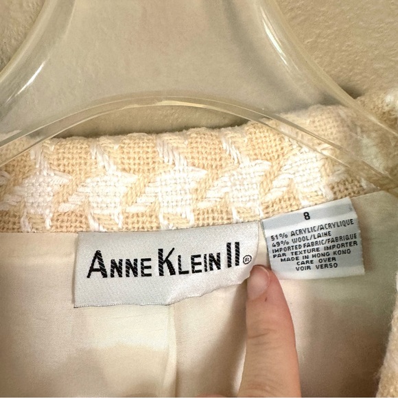 Vintage Anne Klein Houndstooth Wool Blend Skirt Suit Set Cream Size 8/10 - Picture 3 of 9